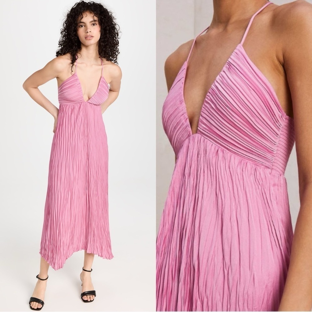 A.L.C. Angelina NWT Pleated Satin Halter Midi Dress Chateau Rose Size 4 - Picture 3 of 16